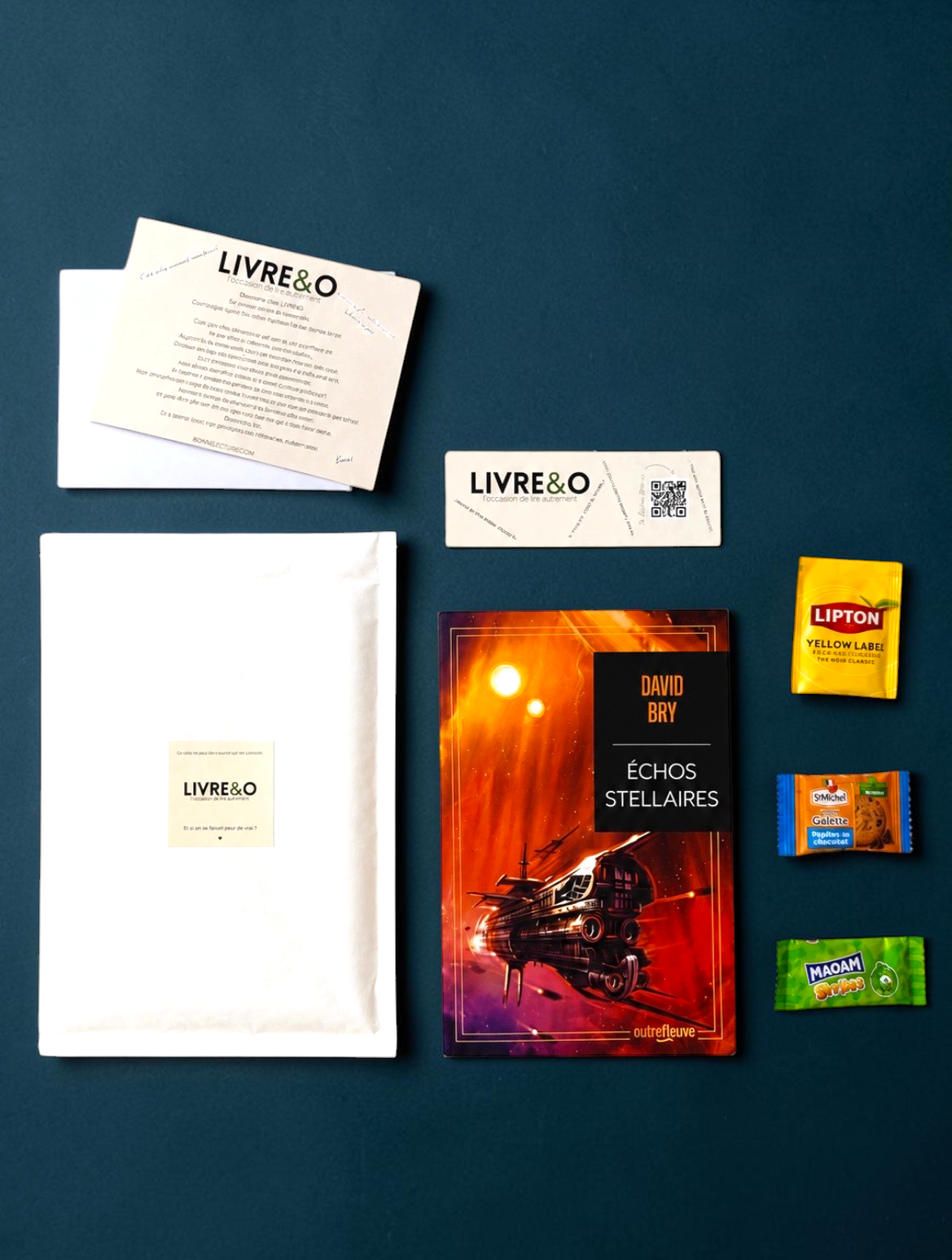 Enveloppe LIVRE&O contenant un roman de science-fiction, un marque-page, du thé et des gourmandises sur fond bleu